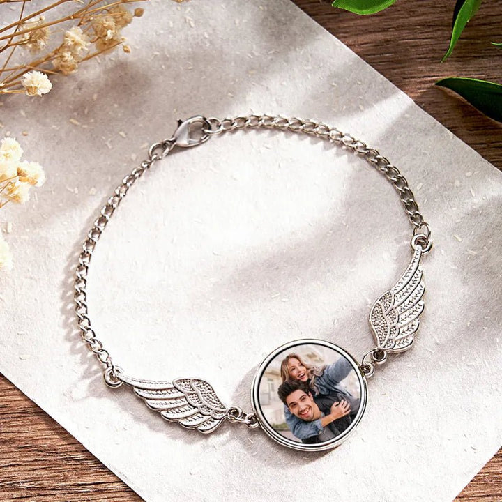 Bracciale con Ciondolo Ali e Foto Personalizzata in Acciaio - My Mo Gioielli
