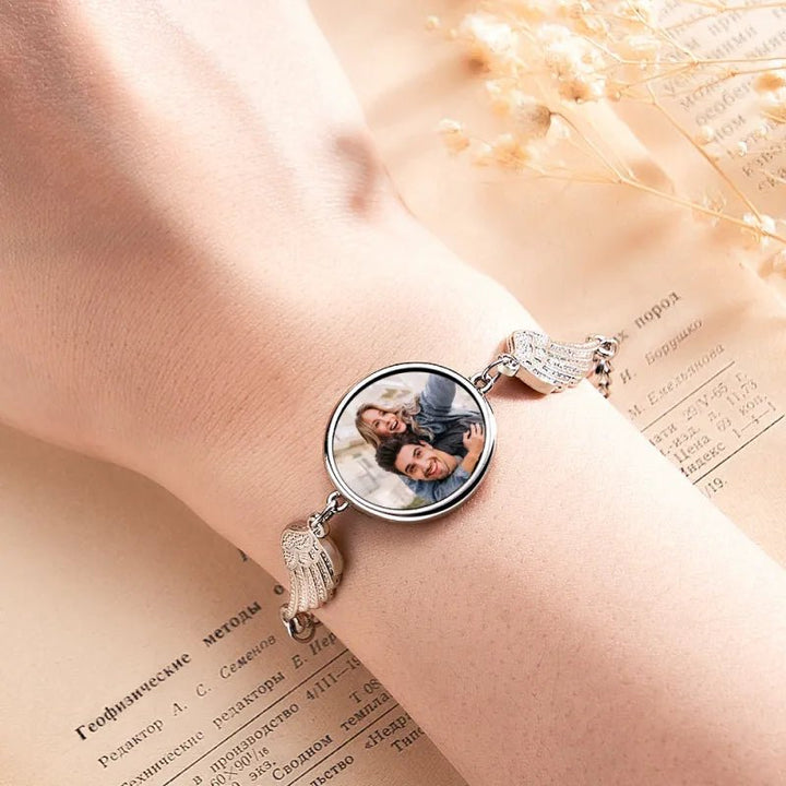 Bracciale con Ciondolo Ali e Foto Personalizzata in Acciaio - My Mo Gioielli
