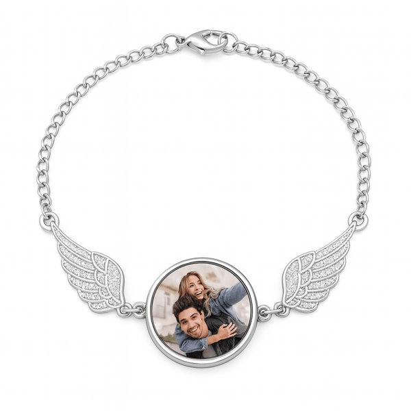 Bracciale con Ciondolo Ali e Foto Personalizzata in Acciaio - My Mo Gioielli