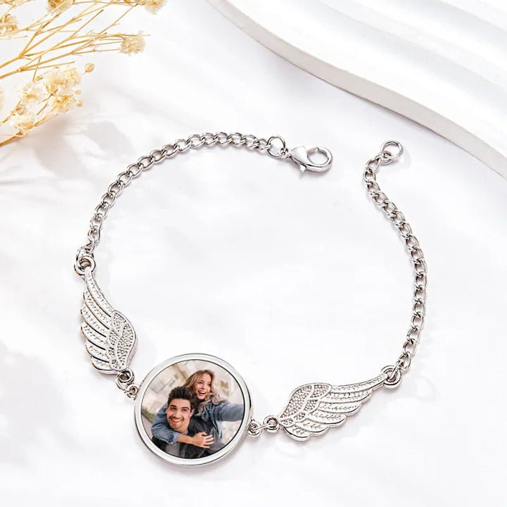 Bracciale con Ciondolo Ali e Foto Personalizzata in Acciaio - My Mo Gioielli