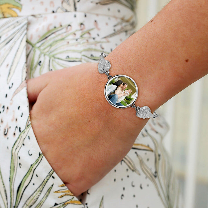 Bracciale con Ciondolo Ali e Foto Personalizzata in Acciaio - My Mo Gioielli