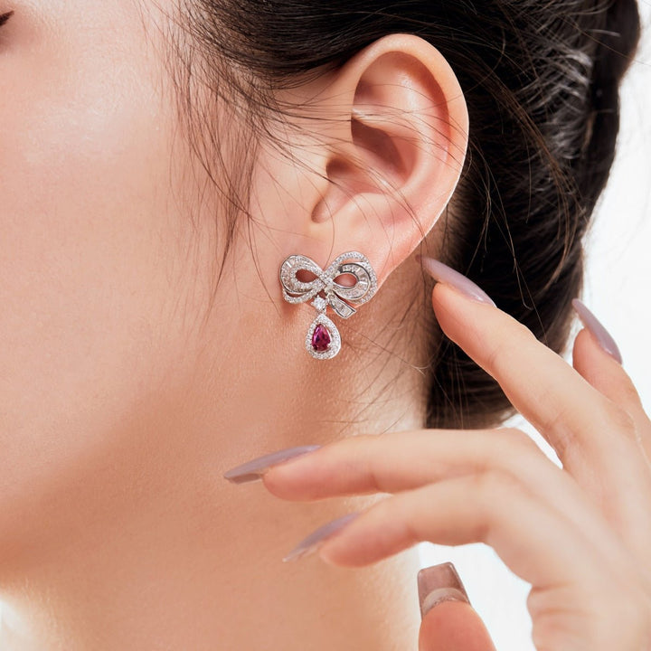 Orecchini Lobo Fiocco con Pendente Goccia Zircone Rosso - My Mo Gioielli