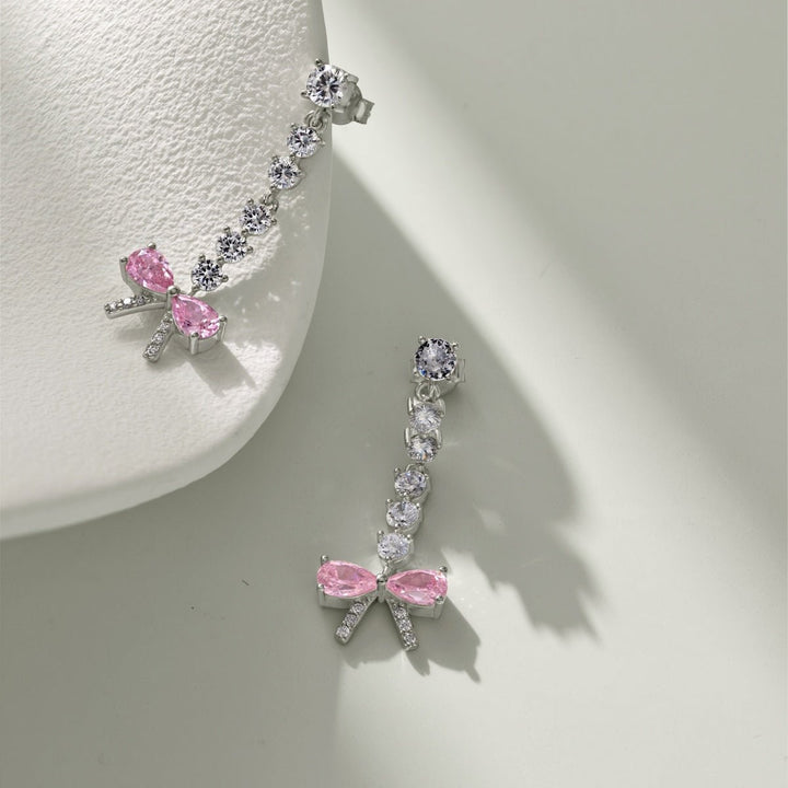 Orecchini Pendenti Fiocco Rosa con Cascata di Zirconi - My Mo Gioielli