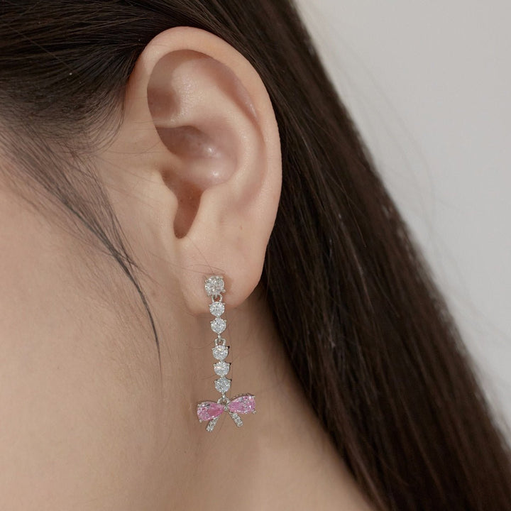 Orecchini Pendenti Fiocco Rosa con Cascata di Zirconi - My Mo Gioielli
