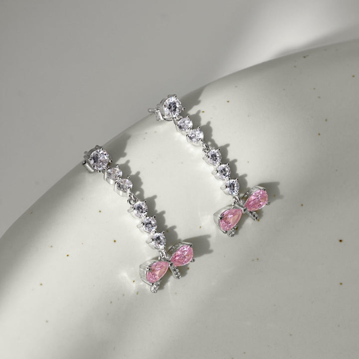 Orecchini Pendenti Fiocco Rosa con Cascata di Zirconi - My Mo Gioielli